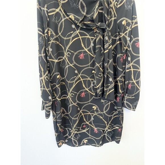ZARA XSMALL BLACK HORSE CHAIN PRINT TIE NECK LONG OVERSIZED BLOUSE TOP XS - Picture 3 of 9